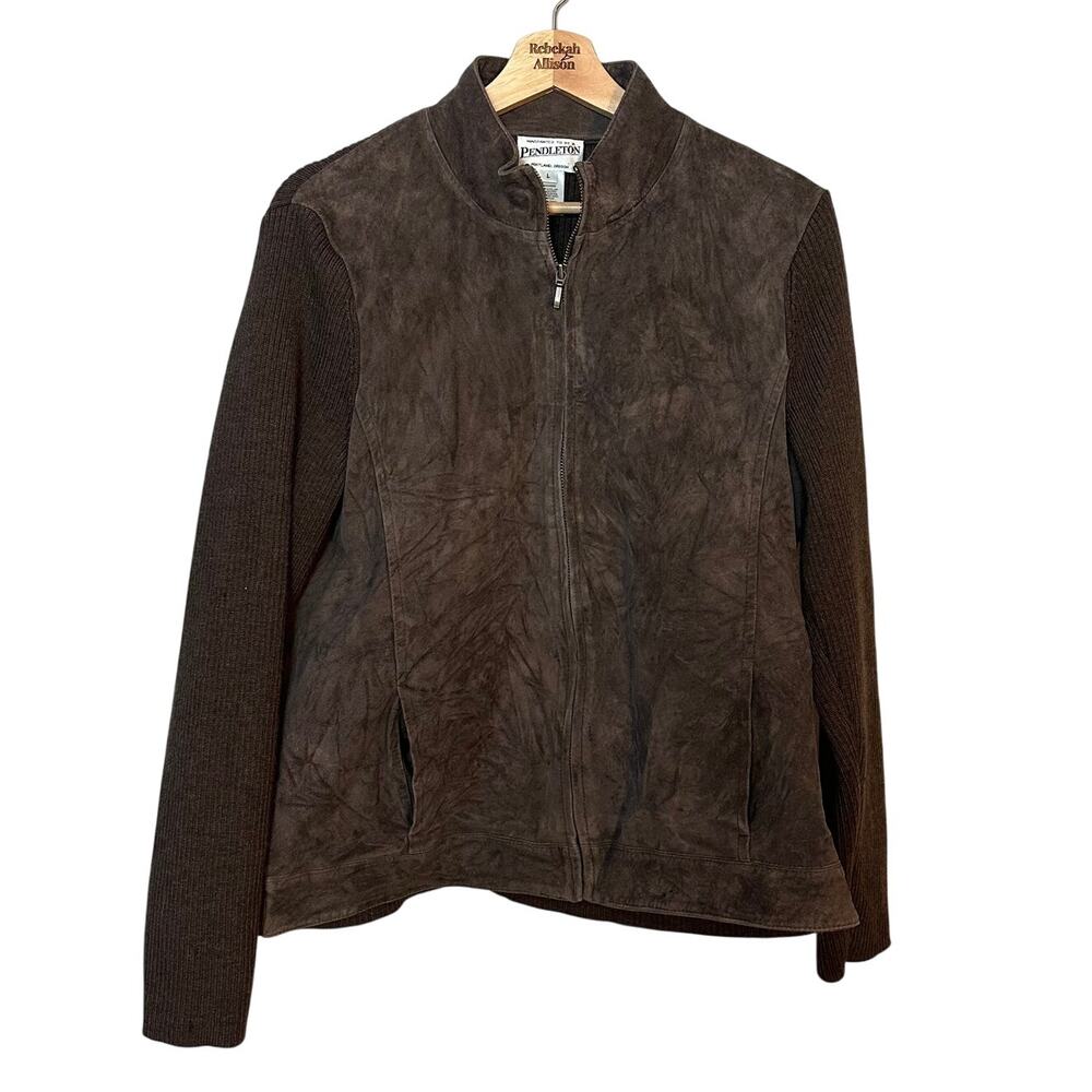 Pendleton Brown Leather & Merino Wool Jacket SZ LARGE Full Zip Knit Classic Coat